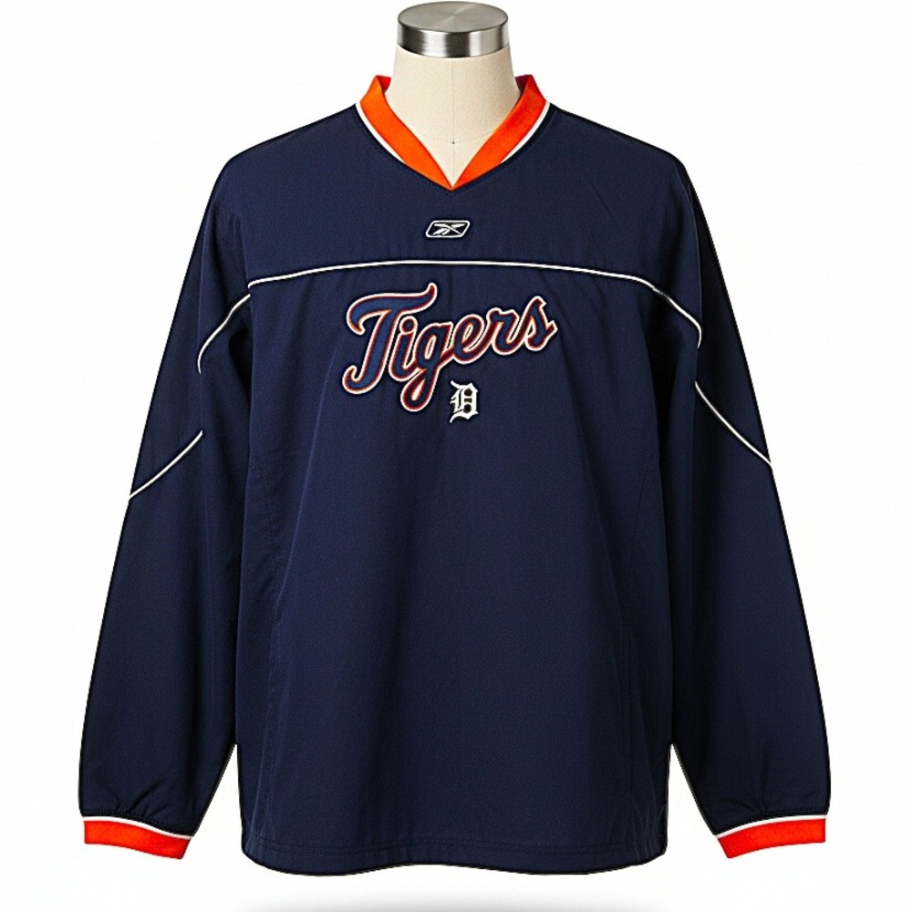 Detroit Tiger Reebok MLB Pullover Windbreaker Batting Jersey Navy Blue Men's 2XL